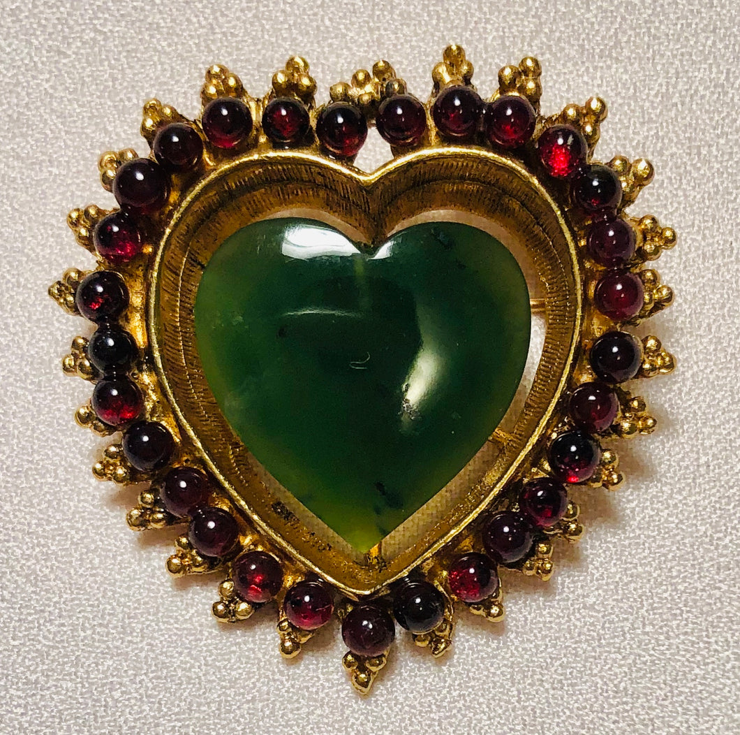 Jade and Garnet Heart Brooch