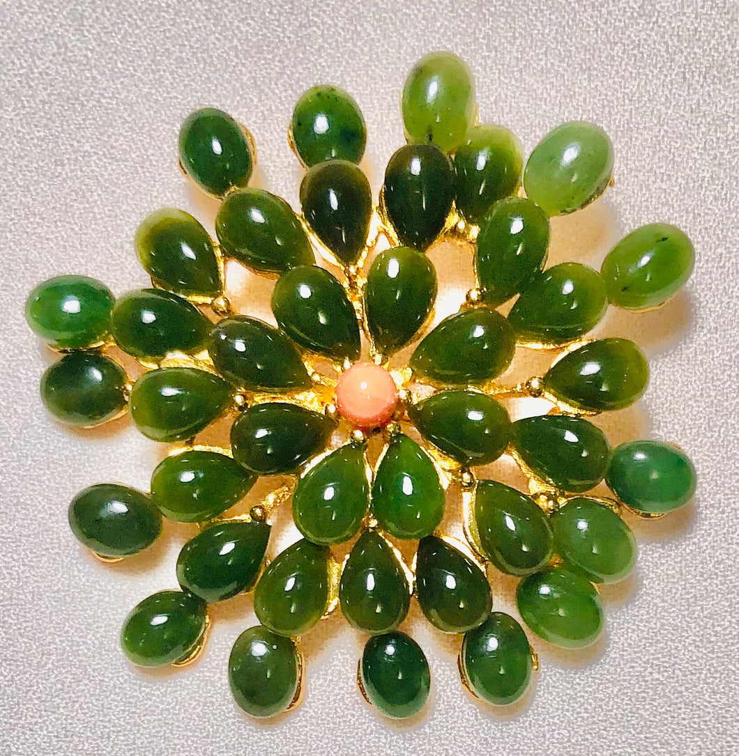 Jade and Coral Cluster Flower Brooch