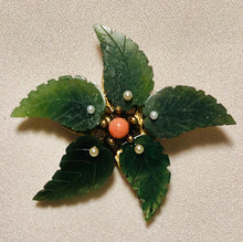 Load image into Gallery viewer, Jade, Coral and Pearl Flower Brooch
