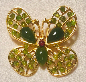 Jade, Peridot and Garnet Butterfly Brooch