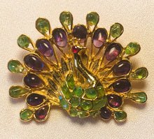 Load image into Gallery viewer, Peridot, Amethyst and Genuine Ruby Eye Peacock Brooch
