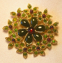 Load image into Gallery viewer, Peridot, Garnet and Jade Flower Brooch
