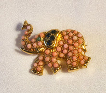 Load image into Gallery viewer, Coral, Sapphire and Emerald Eye Elephant Brooch
