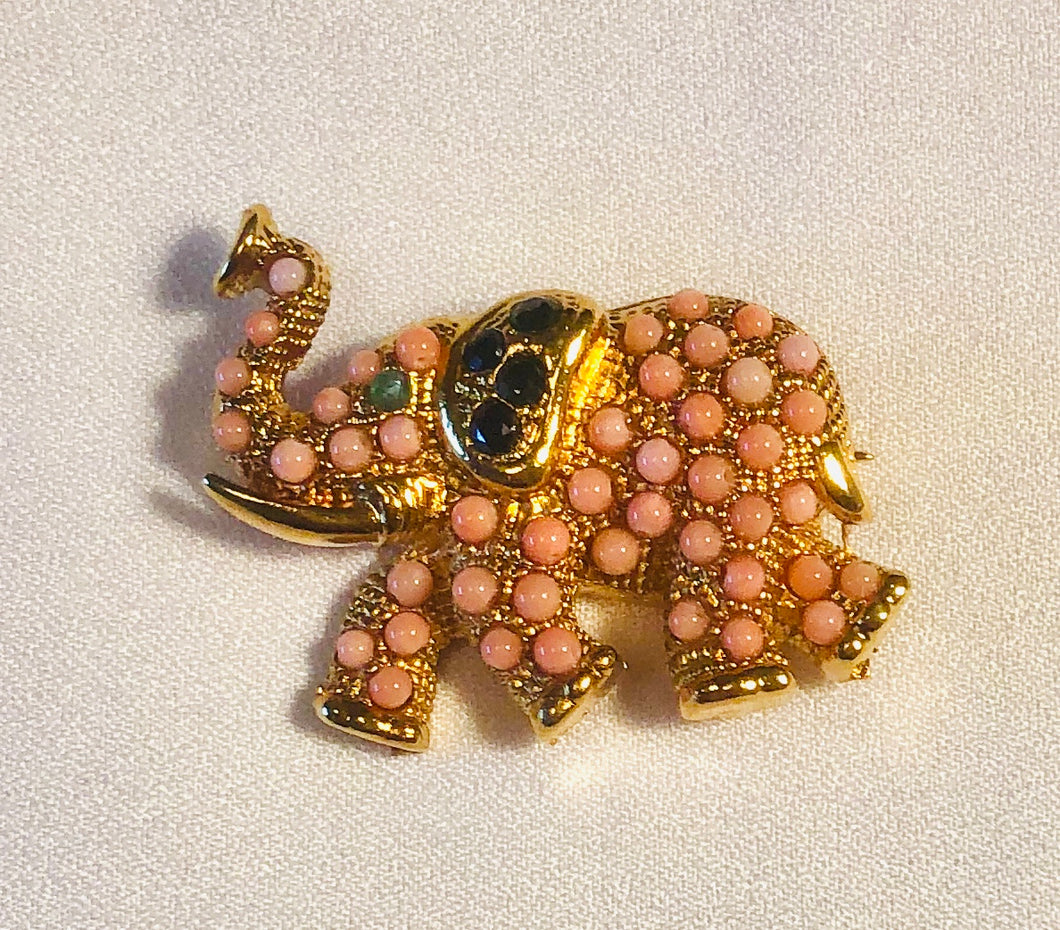 Coral, Sapphire and Emerald Eye Elephant Brooch