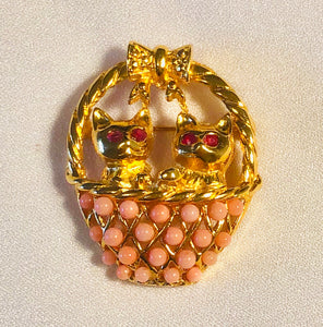 Cats Coral and Genuine Ruby Brooch