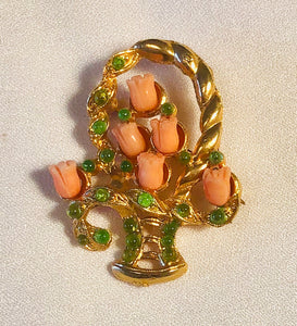 Coral and Peridot Flower Pot Brooch