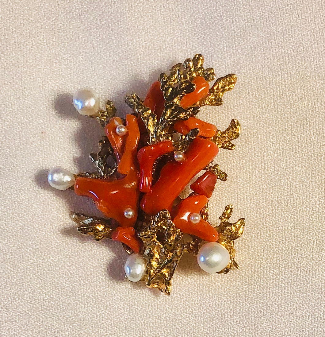 Coral and Fresh Water Pearl Branch Brooch
