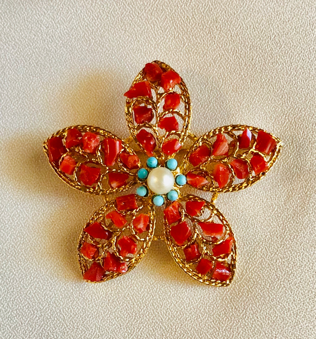Coral, Turquoise and Pearl Flower Brooch