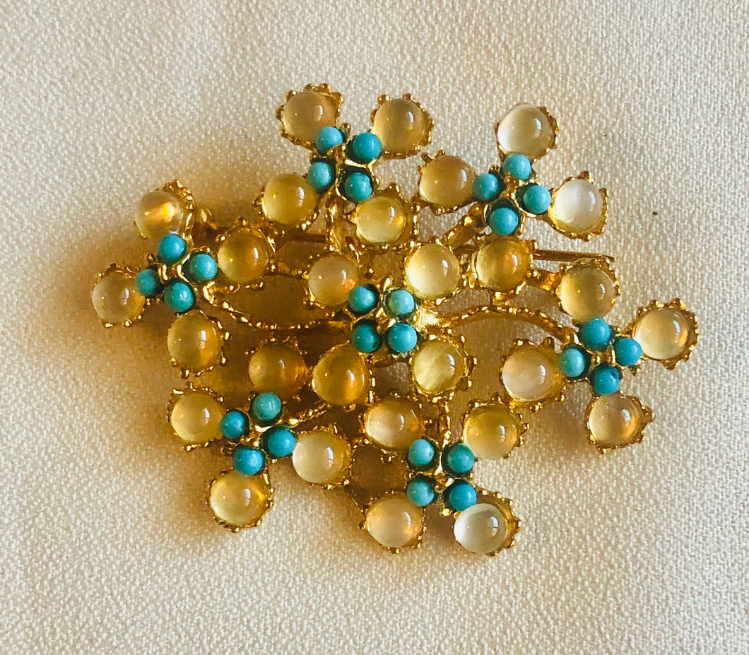 Genuine Moonstone and Turquoise Flower Bed Brooch