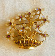 Load image into Gallery viewer, Genuine Moonstone and Ruby Flower Basket Brooch
