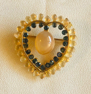 Genuine Moonstone and Sapphire Heart Brooch