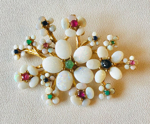 Genuine Opal and Emerald, Ruby, Sapphire Flower Brooch