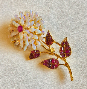Genuine Opal and Ruby Flower Brooch