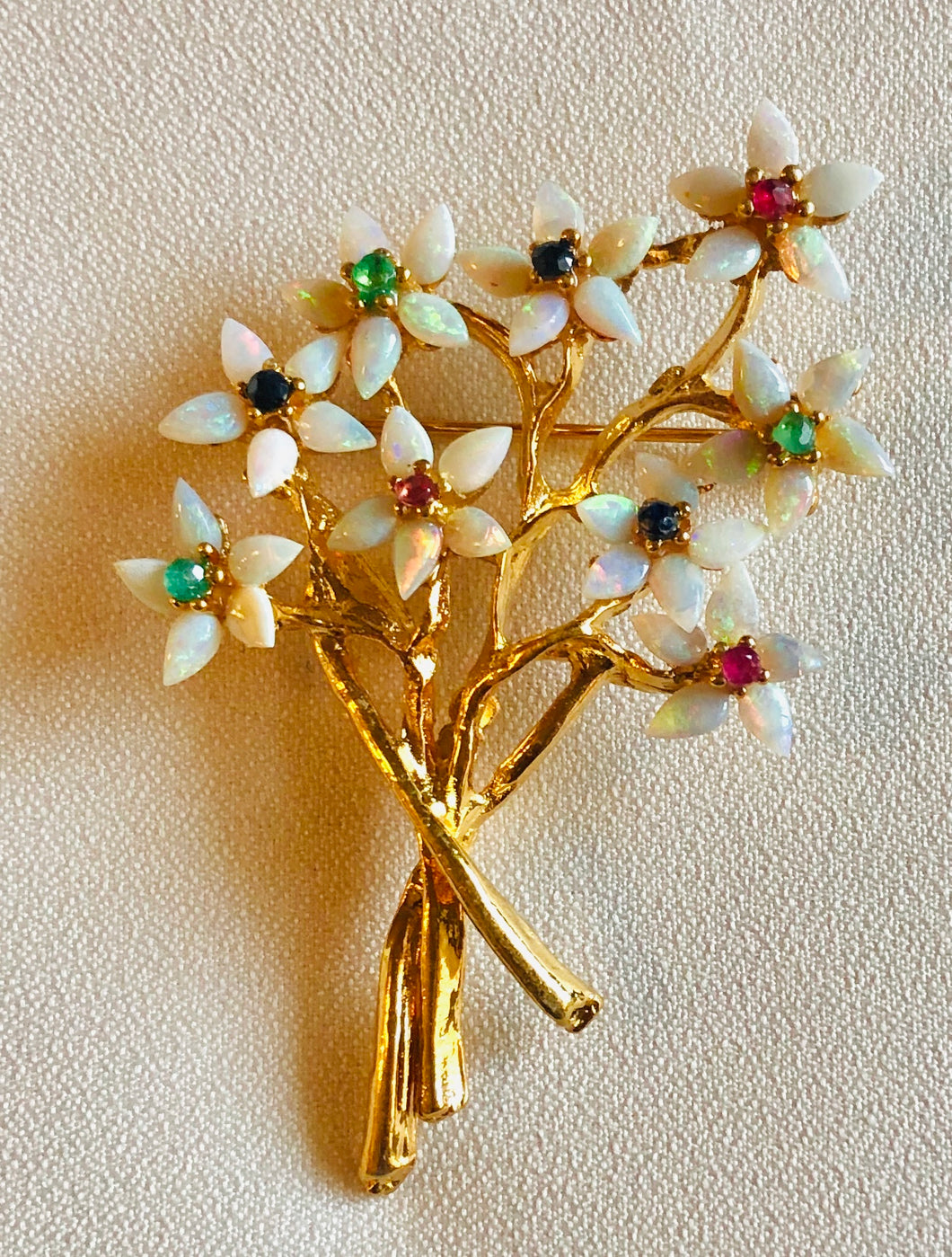 Genuine Opal, Emerald, Ruby and Sapphire Bouquet Brooch