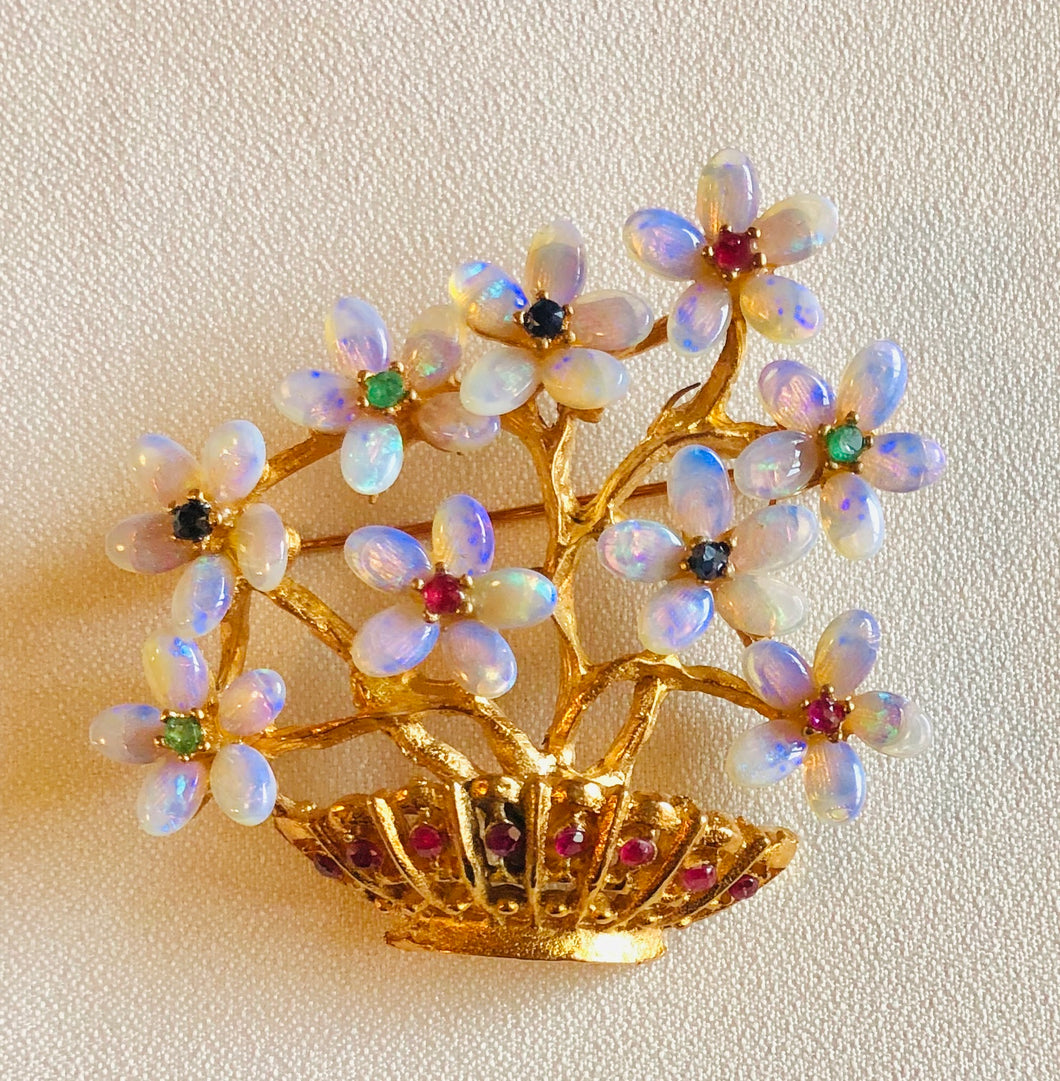 Genuine Opal, Ruby, Emerald and Sapphire Flower Basket Brooch