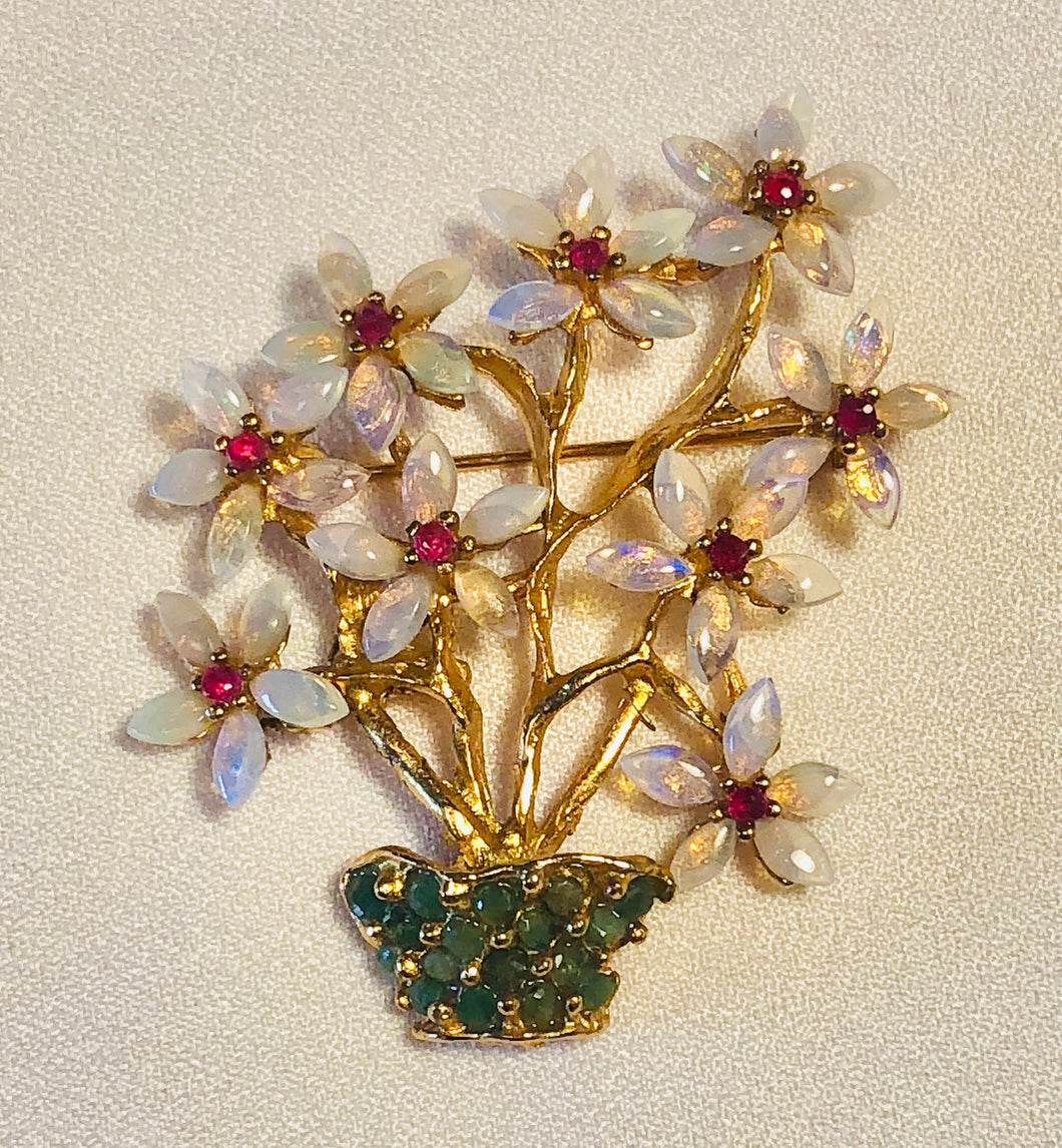 Genuine Opal, Ruby and Emerald Flower Pot Brooch