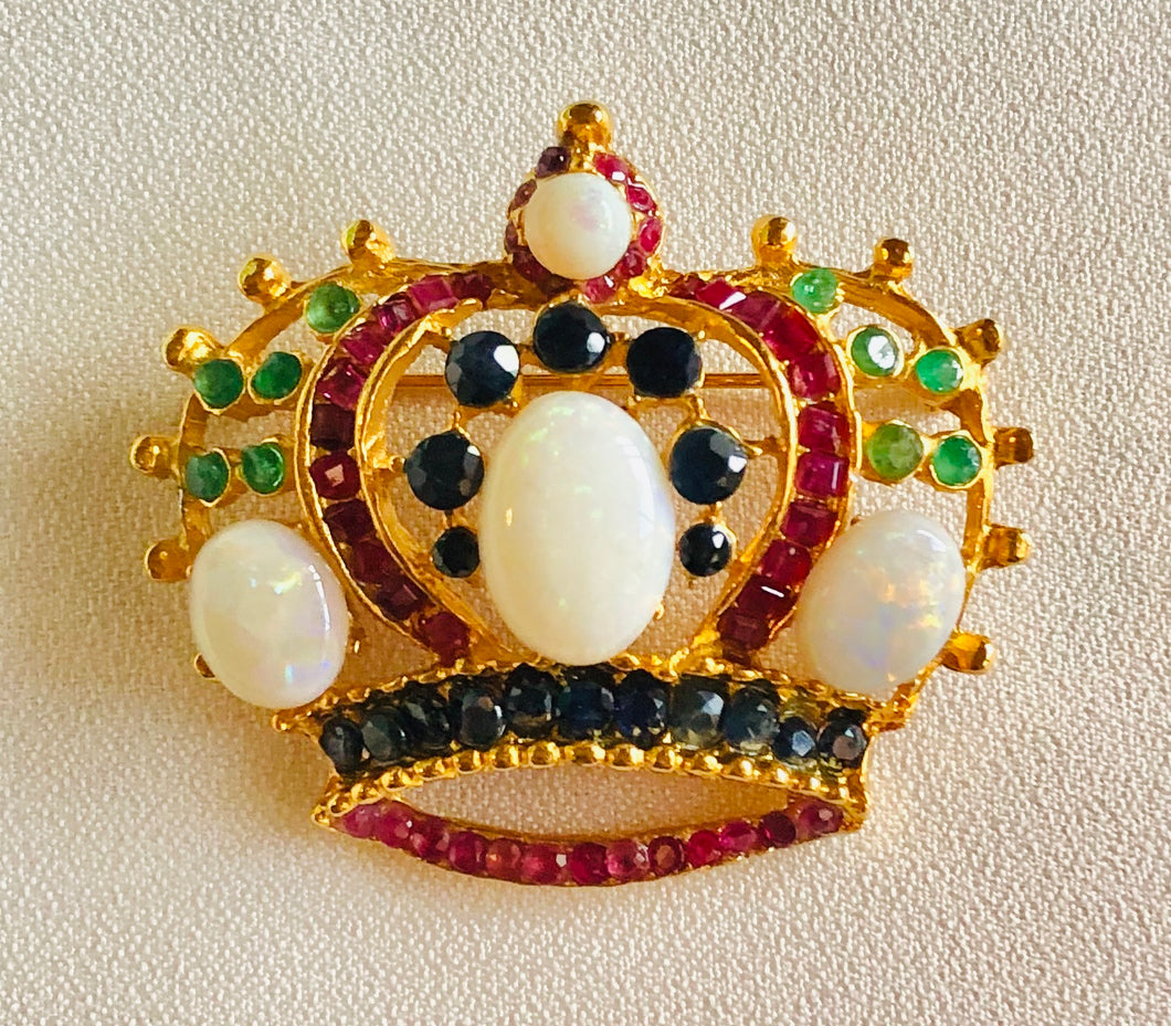 Genuine Opal, Ruby, Sapphire and Emerald Crown Brooch