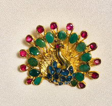 Load image into Gallery viewer, Genuine Ruby, Emerald and Sapphire Peacock Brooch
