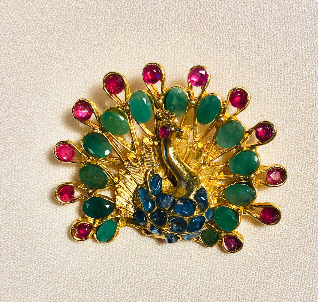 Genuine Ruby, Emerald and Sapphire Peacock Brooch