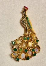 Load image into Gallery viewer, Genuine Emerald, Ruby and Opal Peacock Brooch
