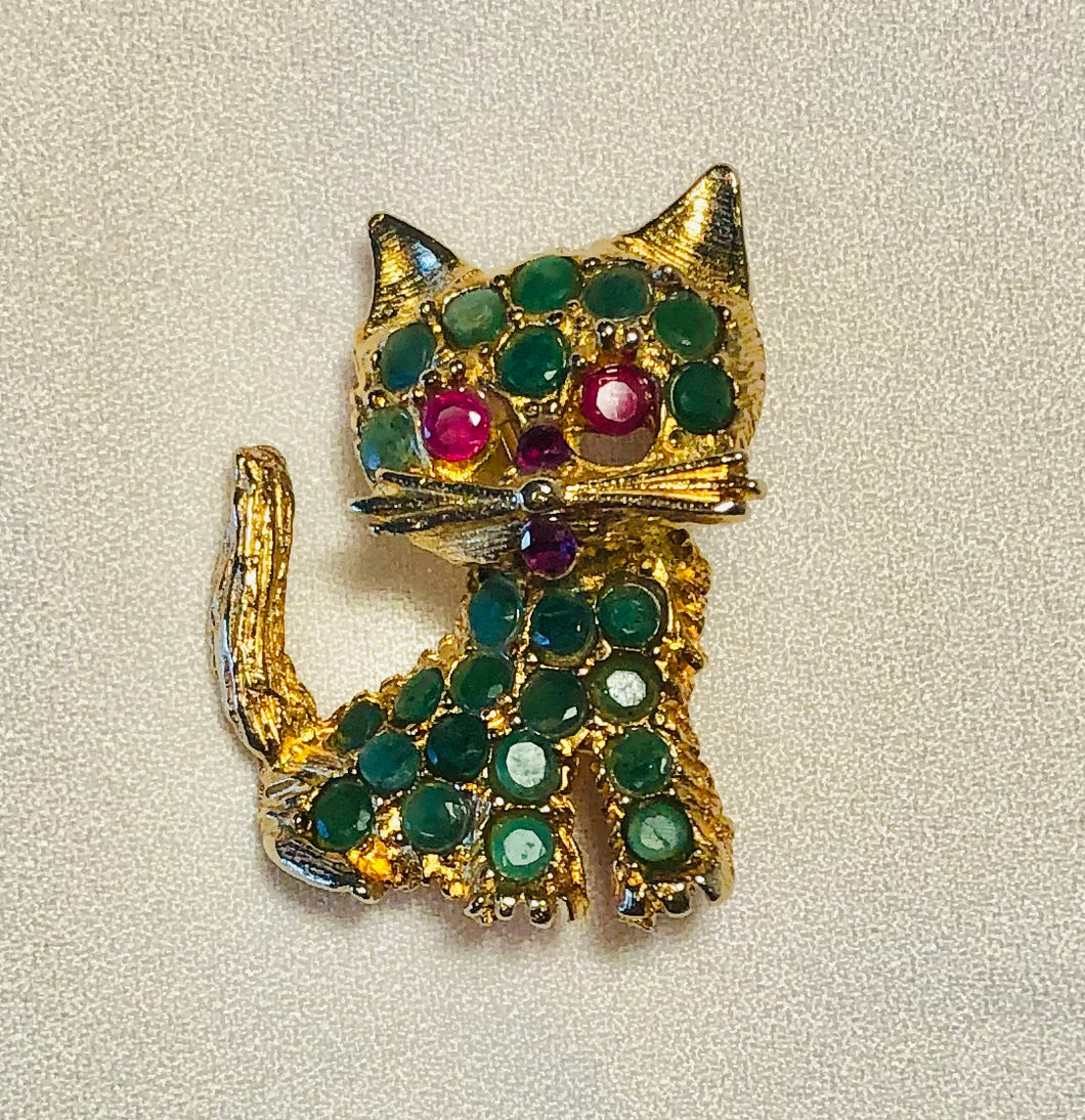 Genuine Emerald and Ruby Cat Brooch