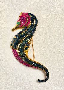 Genuine Sapphire, Ruby and Emerald Seahorse Brooch