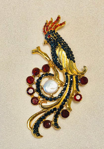Genuine Sapphire, Ruby and Fresh Water Pearl Cockatoo Brooch