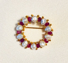 Load image into Gallery viewer, Genuine Ruby and Fresh Water Pearl Wreath Brooch
