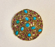 Load image into Gallery viewer, Genuine Ruby and Turquoise Cluster Brooch
