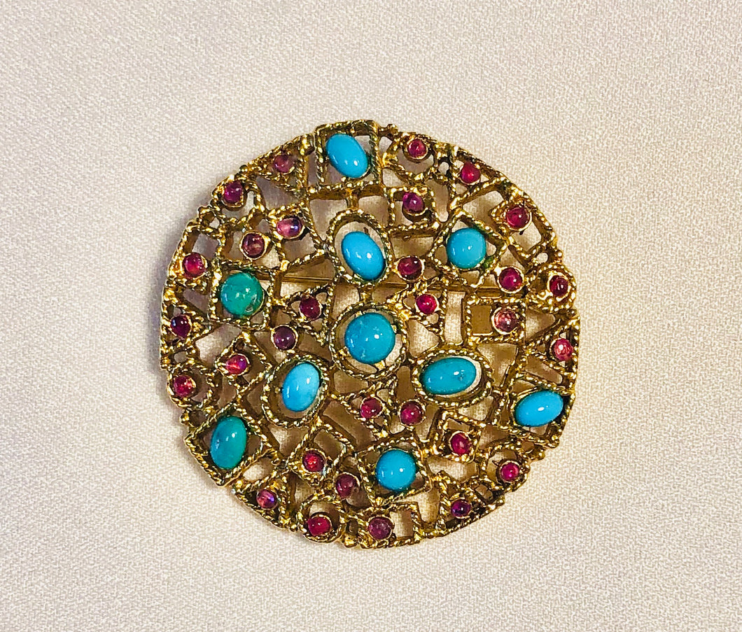 Genuine Ruby and Turquoise Cluster Brooch