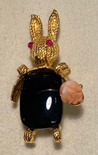 Load image into Gallery viewer, Black Agate, Coral and Ruby Bunny Brooch
