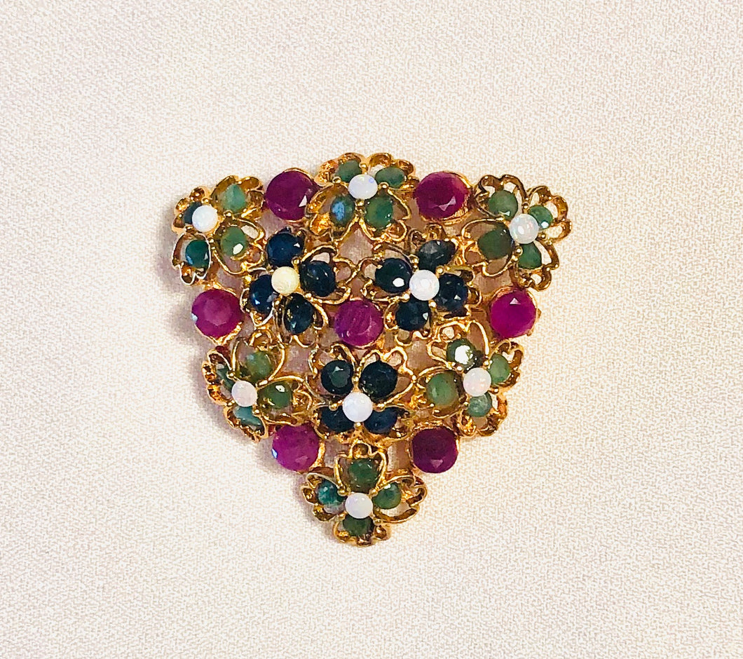 Genuine Sapphire, Ruby, Emerald and Opal Bed Flower Brooch