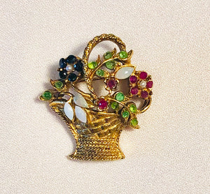 Genuine Sapphire, Ruby, Opal, Peridot and Pearl Vase Flower Brooch