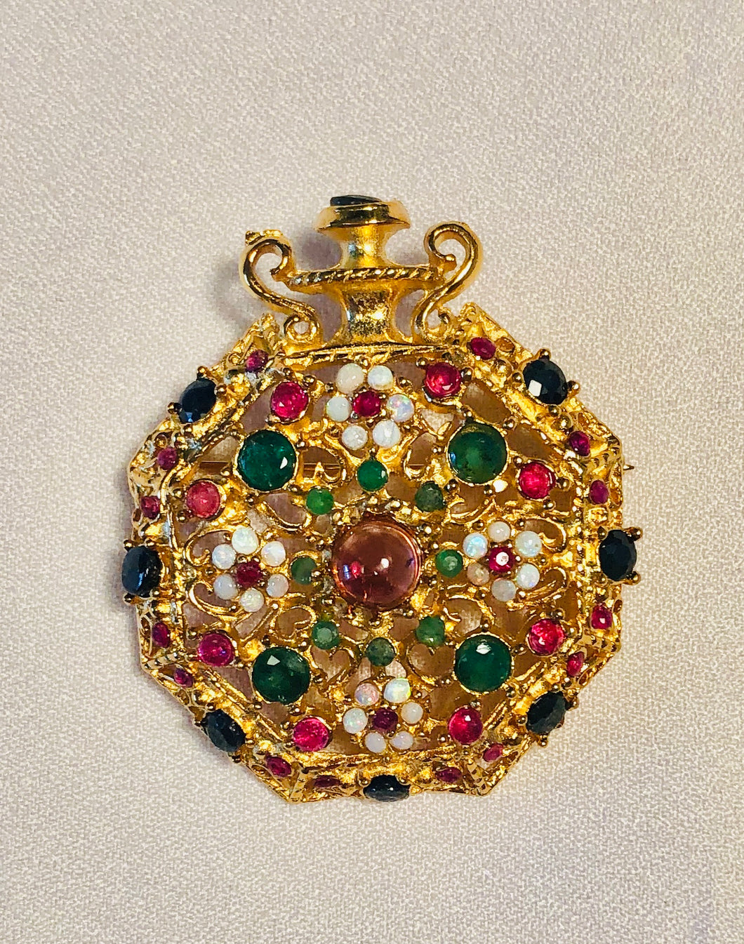 Genuine Ruby, Emerald, Sapphire, Opal and Amethyst Chain Watch Brooch