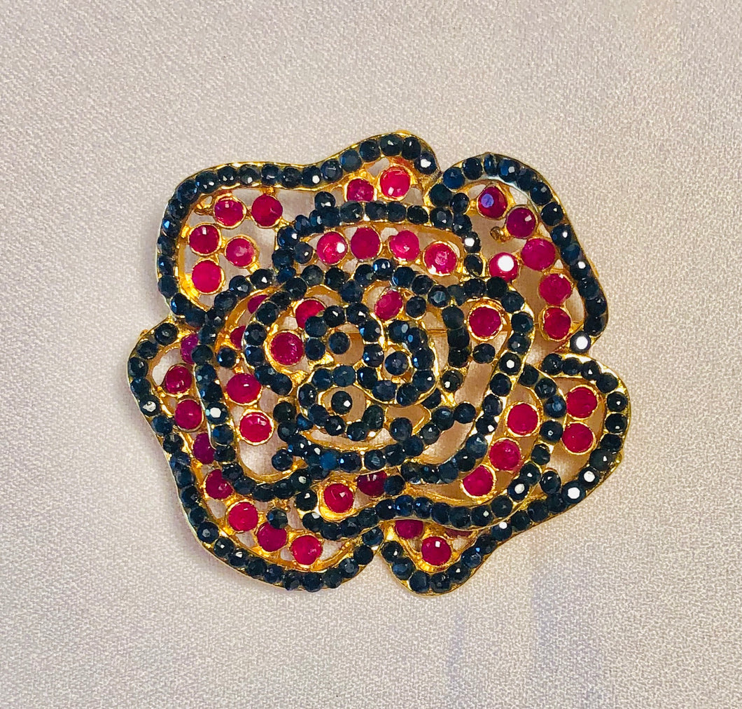 Genuine Sapphire and Ruby Flower Brooch