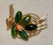Load image into Gallery viewer, Filigree Flower Jade and Coral Brooch
