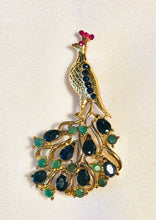 Load image into Gallery viewer, Genuine Sapphire, Emerald and Ruby Peacock Brooch
