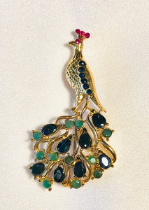 Genuine Sapphire, Emerald and Ruby Peacock Brooch