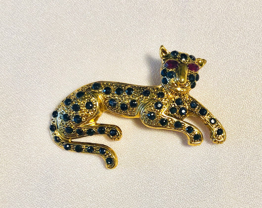 Genuine Sapphire and Ruby Eyes Leopard Brooch