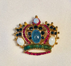 Genuine Ruby, Emerald, Sapphire and Opal Crown Brooch