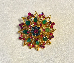 Genuine Ruby, Emerald and Sapphire Small Medallion  Brooch