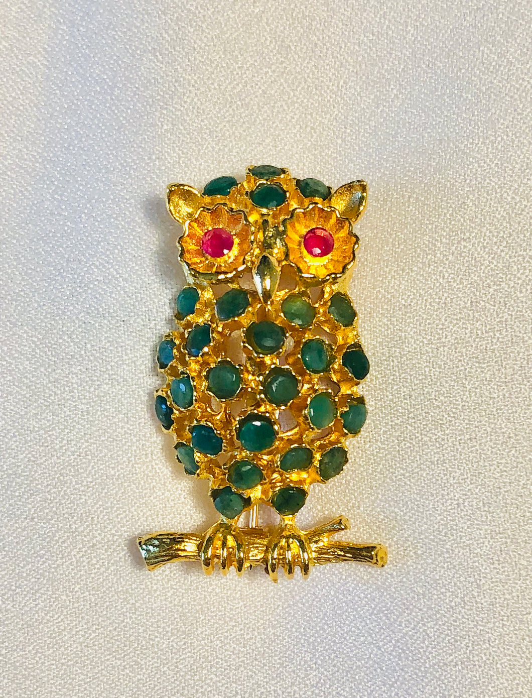 Genuine Emerald and Ruby Owl Brooch