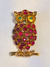 Load image into Gallery viewer, Genuine Ruby and Emerald Owl Brooch
