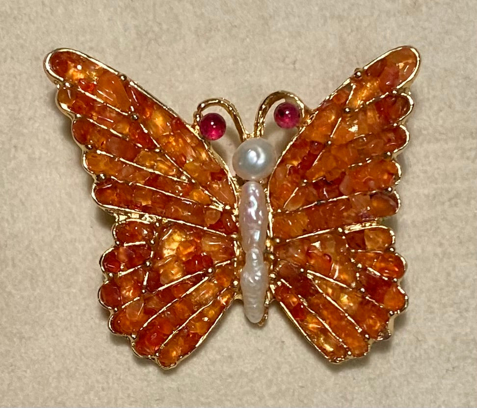 Carnelian, Fresh Water Pearl and Garnet Butterfly Brooch