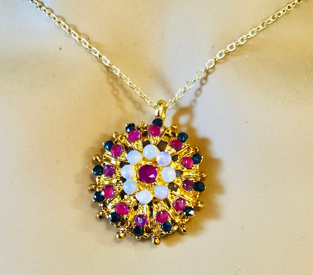 Genuine Sapphire, Ruby, and Opal Rosette Pendant Necklace