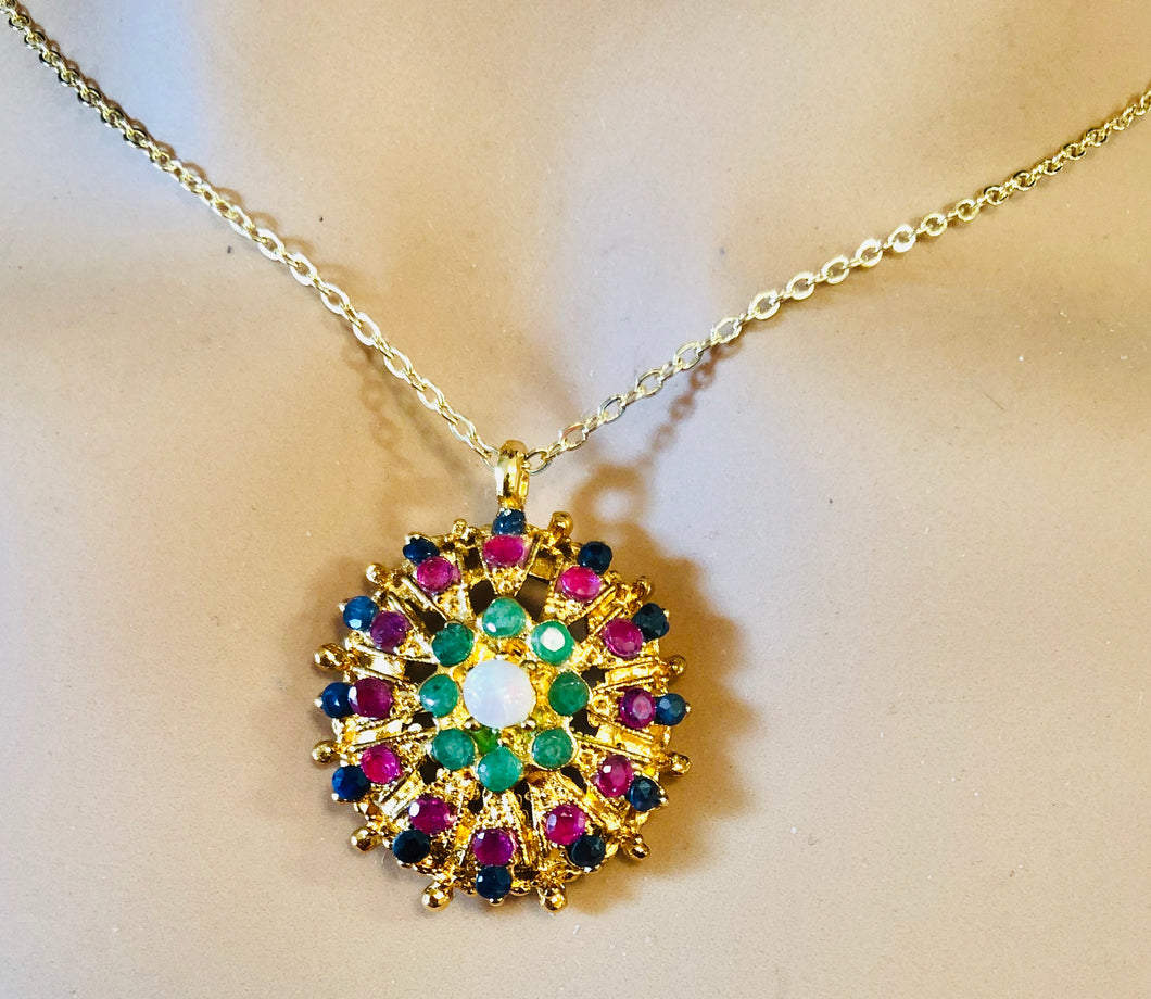 Genuine Sapphire, Ruby, Emerald and Opal Necklace