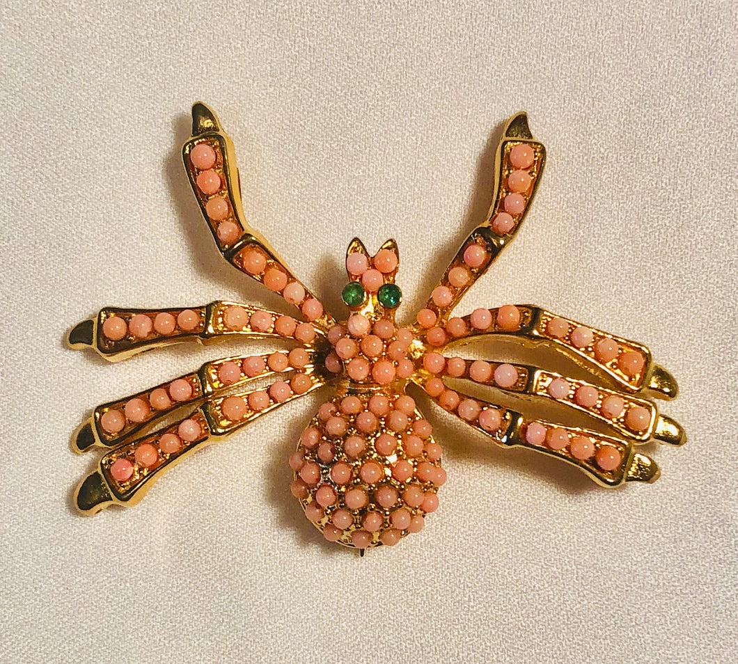 Spider Coral and Emerald Eye Brooch