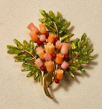 Load image into Gallery viewer, Coral and  Peridot Flower Brooch
