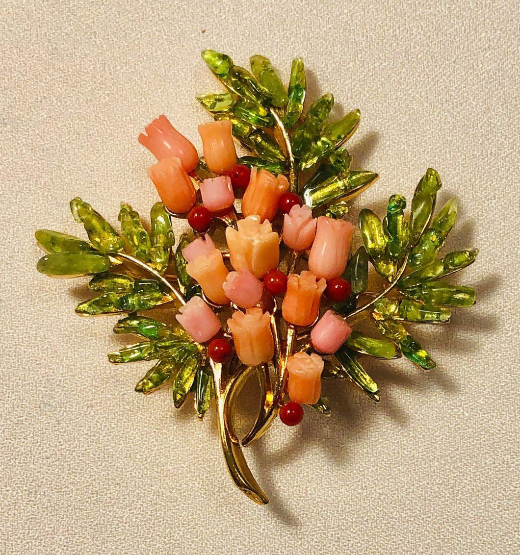 Peridot and Coral Flower Brooch