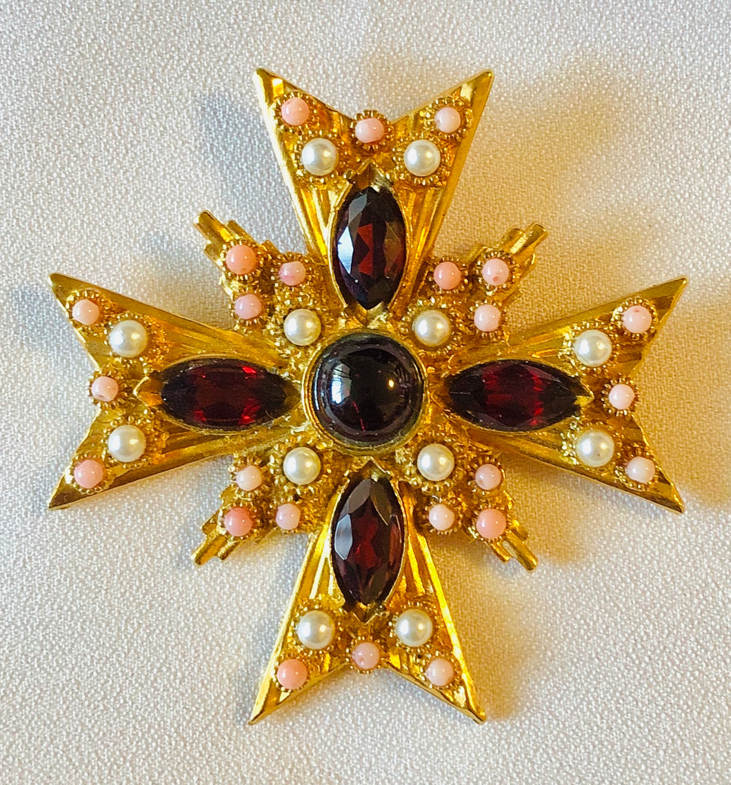 Garnet, Coral and Pearl Cross Pendant / Brooch